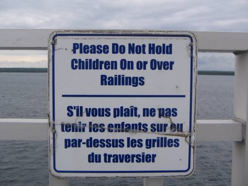 [Railing warning on MS Chi-Cheemaun]