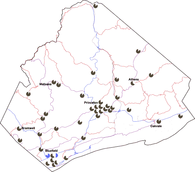 [Map of Mercer County, WV with precinct-level pie charts of 2020 presidential election results superimposed]